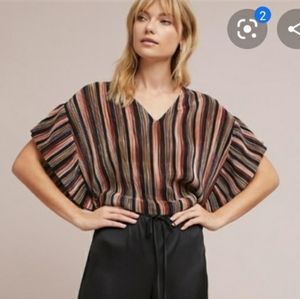 Anthropologie Women's Vanessa Virginia Striped Wide Sleeve V Neck Blouse Medium